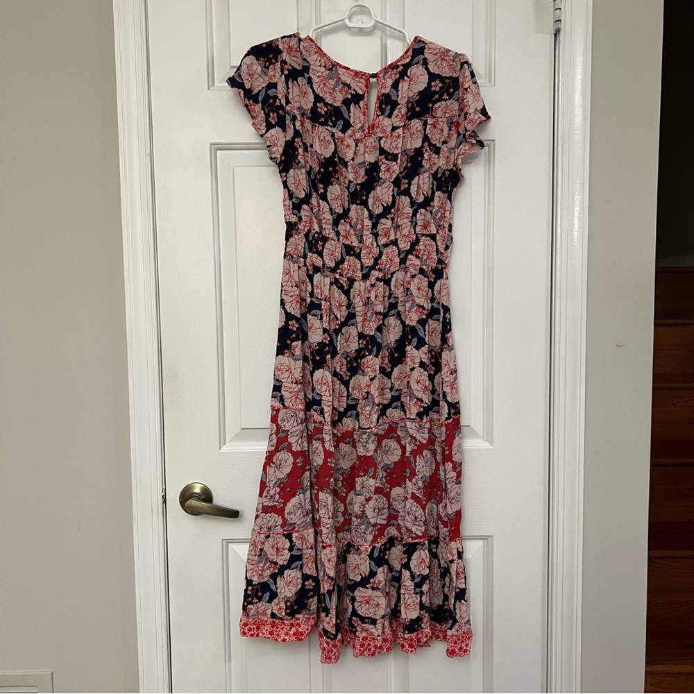 Knox Rose Women's Red and Blue Floral Midi Tiered Shirt Dress Short Sleeves - Picture 3 of 3